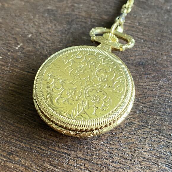 Bucherer Gold Tone Floral Engraved Pendant Pocket Watch w/ Chain *Read* - Picture 6 of 12